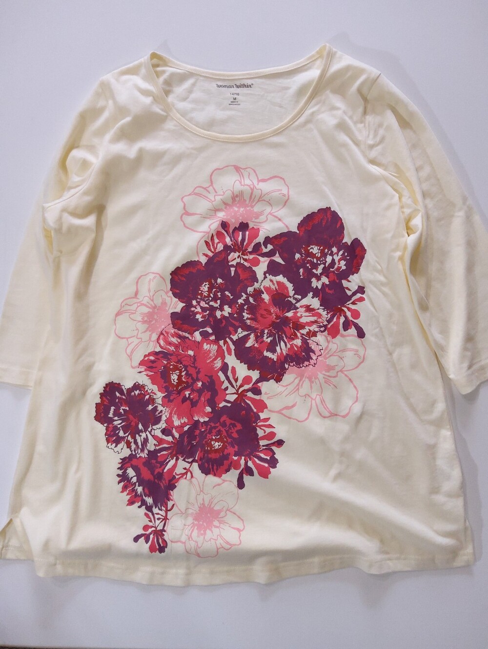 Woman Within Top Womens‎ Size 14/16 Cream Purple Floral Casual Streetwear Shirt
